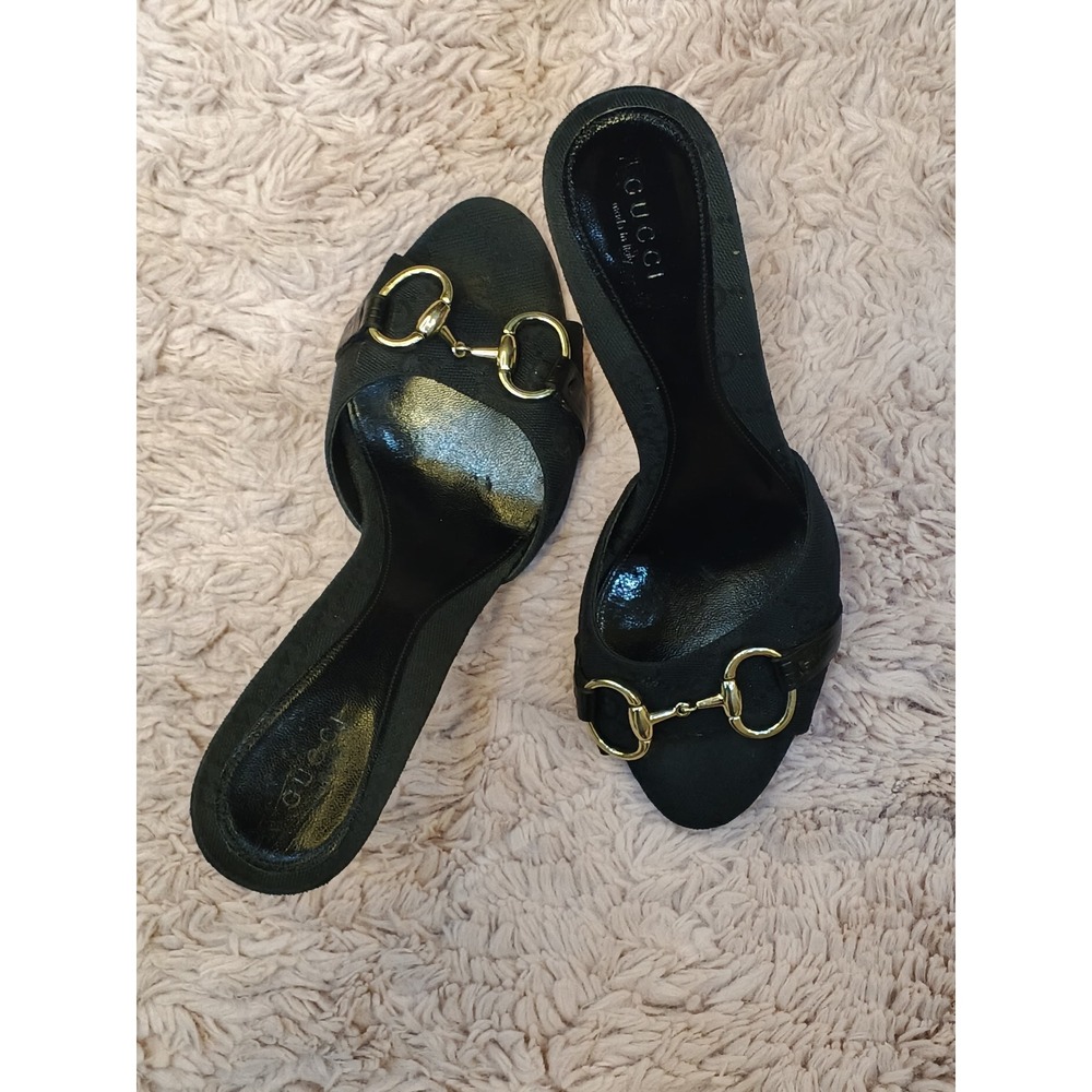 Gucci Horsebit GG Monogram Canvas Mules Black Stiletto Sandals 138703 Size 38.5 - Picture 7 of 11
